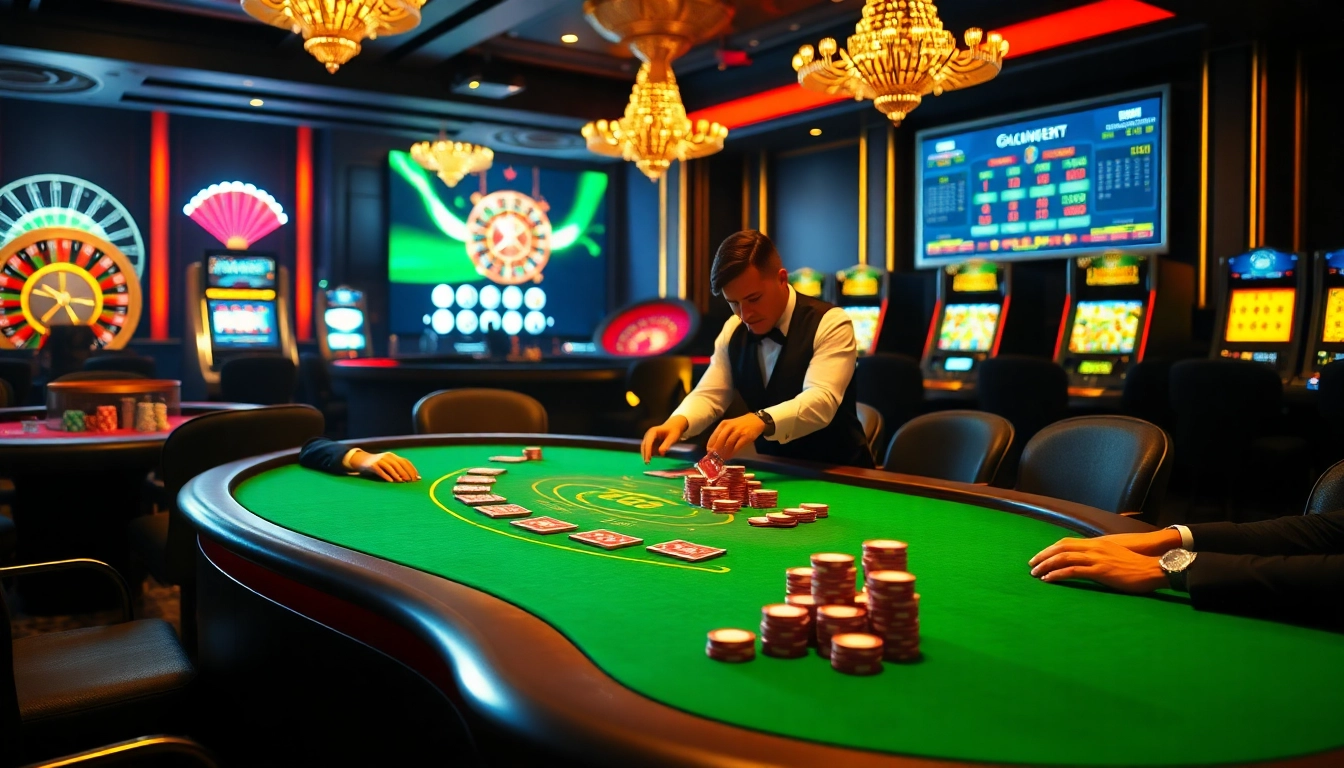 Gambling excitement at a luxurious casino with dealer and chips at https://tg88.sale/ poker table.