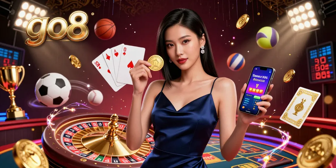 Experience the thrill of betting at go8 with a stunning Asian woman holding a winning chip in a vibrant casino scene.