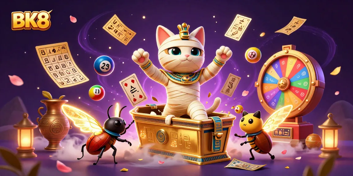 Engage with BK8 in a captivating 3D casino scene featuring a mummy cat and colorful lottery elements.