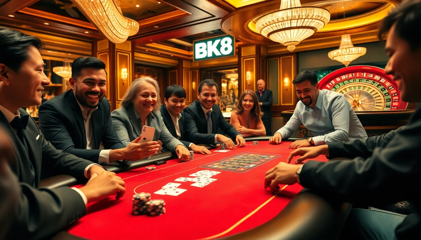 Players enjoying a thrilling poker game at BK8 casino, showcasing excitement and luxury.
