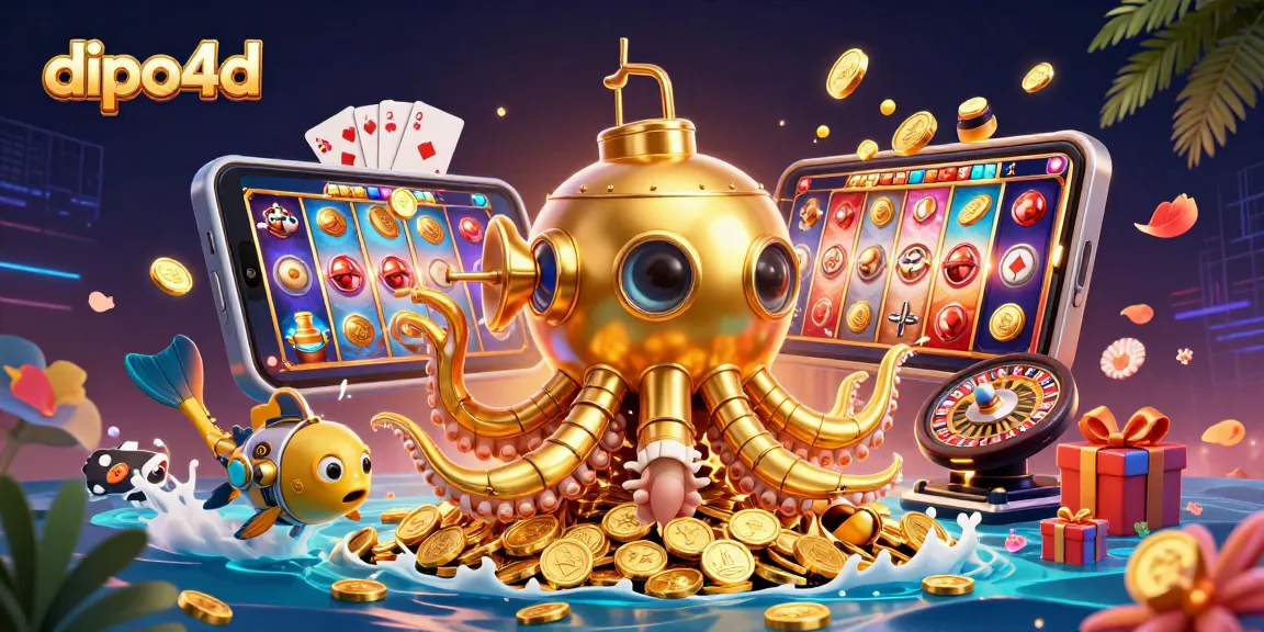 Experience the excitement of dipo4d with a dynamic scene of 3D gaming fantasy featuring a golden kraken and vibrant casino elements.