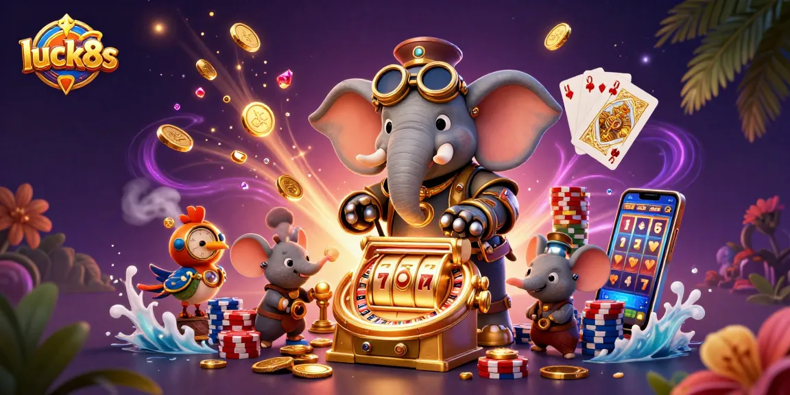 Play thrilling casino games with luck8s, encountering a steampunk character amidst dazzling slots and coins.
