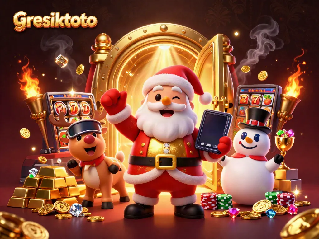 Experience the excitement of gresiktoto with a dynamic casino scene featuring Santa and friends celebrating jackpots.