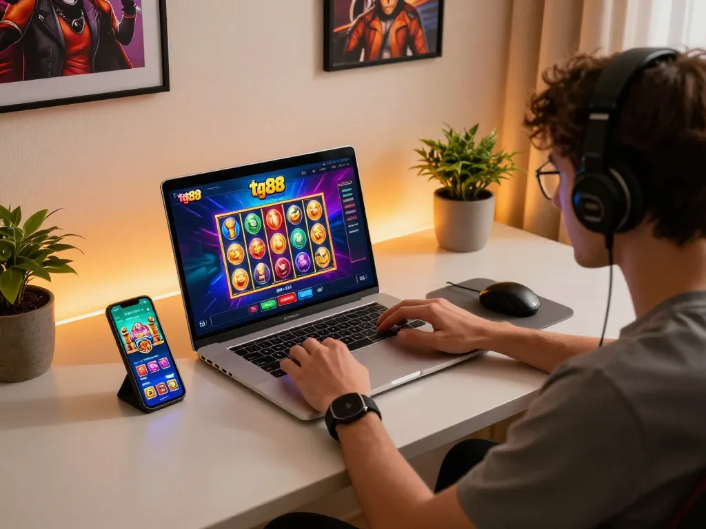 Engaging in tg88 online casino slots with a modern gaming setup and cozy ambiance.
