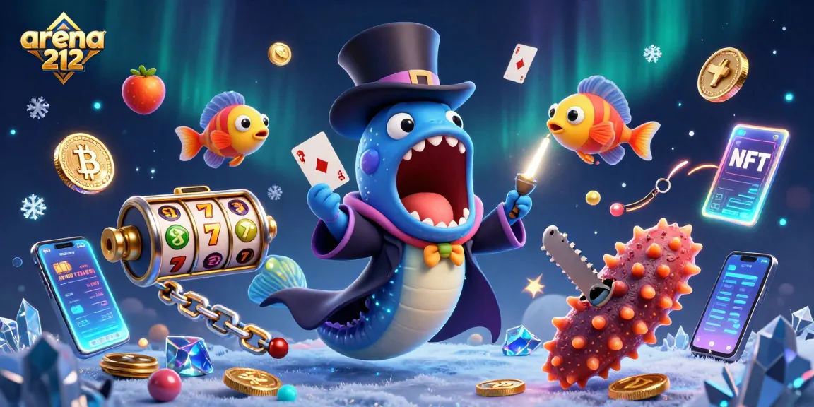 arena212 menampilkan monster laut bermain trik kartu di kasino, dikelilingi elemen permainan slot dan crypto
