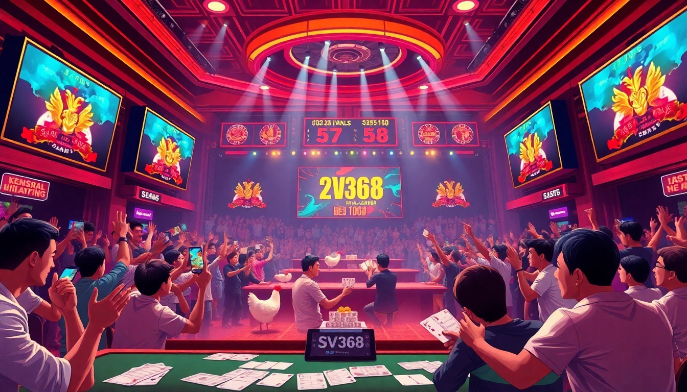 Experience the thrill of sv368 đá gà with an exciting betting atmosphere, showcasing vibrant crowds and betting slips.