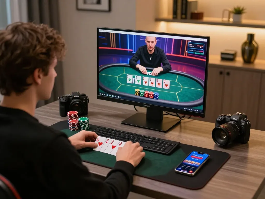FLY88 player strategizing with cards during an online casino poker game setup, emphasizing professional atmosphere