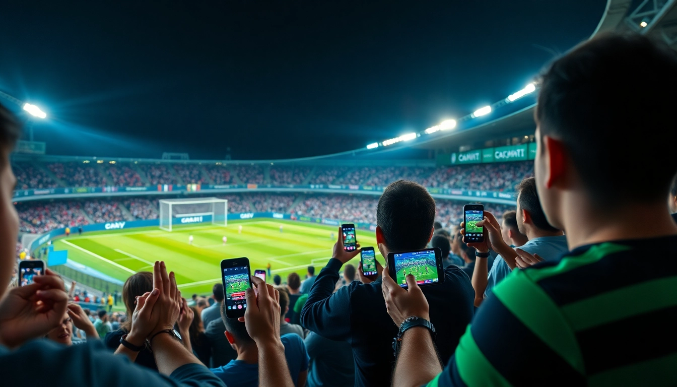 CakhiaTV live football streaming scene with excited fans viewing on devices