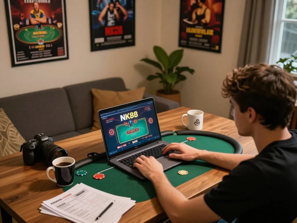Player enjoying a poker game on NK88 at home, with strategy notes and ambiance