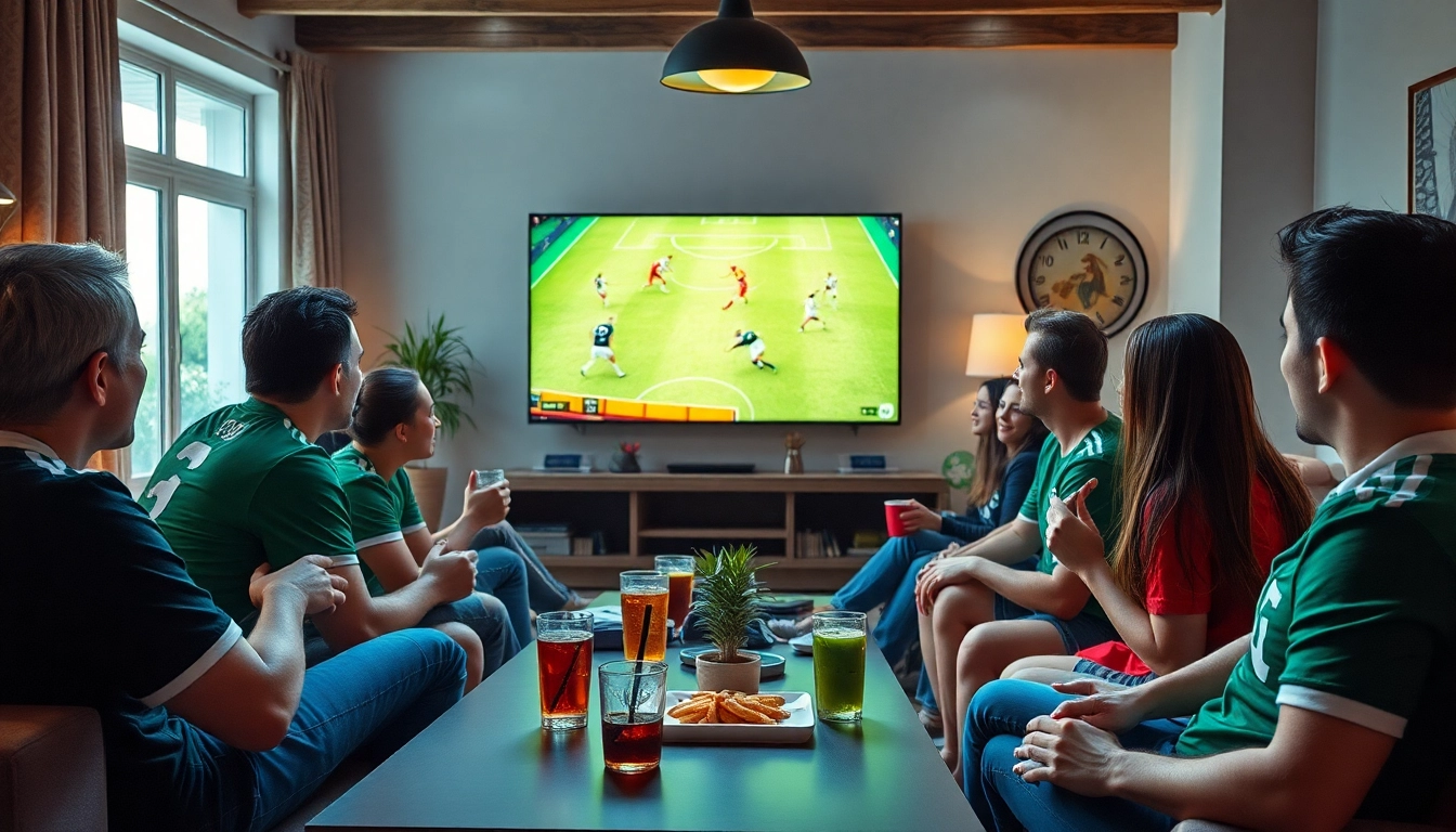 Xoilac TV trực tiếp bóng đá: Fans joyfully watching a live football match in HD.